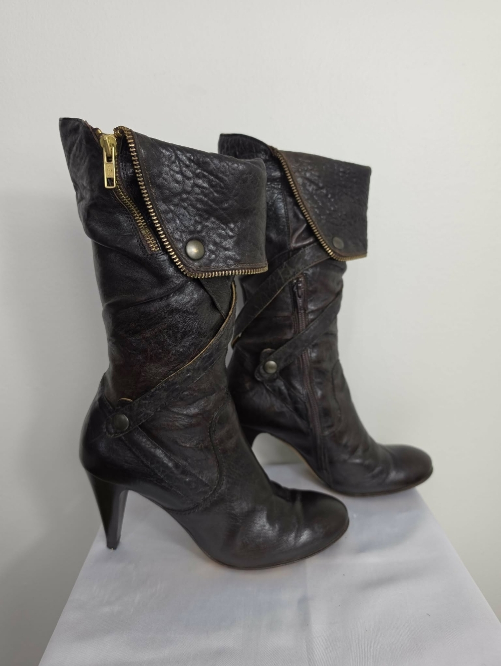 Vero Cuoio Dark Brown Leather Fold-Over Zip High-Heel Boots
